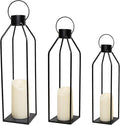 HPC Decor 22'' 19'' 16'' Lanterns Decorative w/Flickering Timer Candles- Tall Large Black Metal Candle Lanterns Set of 3- Modern Farmhouse Decor for Indoor,Outdoor,Tabletop,Porch (No Glass)
