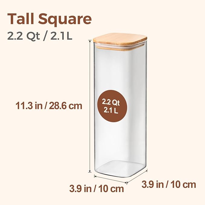 ComSaf Glass Spaghetti Pasta Storage Containers with Lids 2.2 Qt Set of 3, Tall Clear Airtight Food Storage Jar with Lid for Noodles Flour Oat Cereal Sugar Beans, Sqaure Spaghetti Pantry Containers