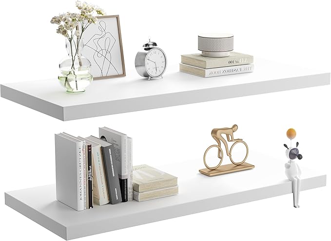 Wall Shelf Set of 2, White Floating Shelves 36 in W x 10 in D x 1 in H, Wooden Floating Wall Shelf with Invisible Brackets for Living Room/Bedroom/Bathroom/Kitchen Storage and Decor