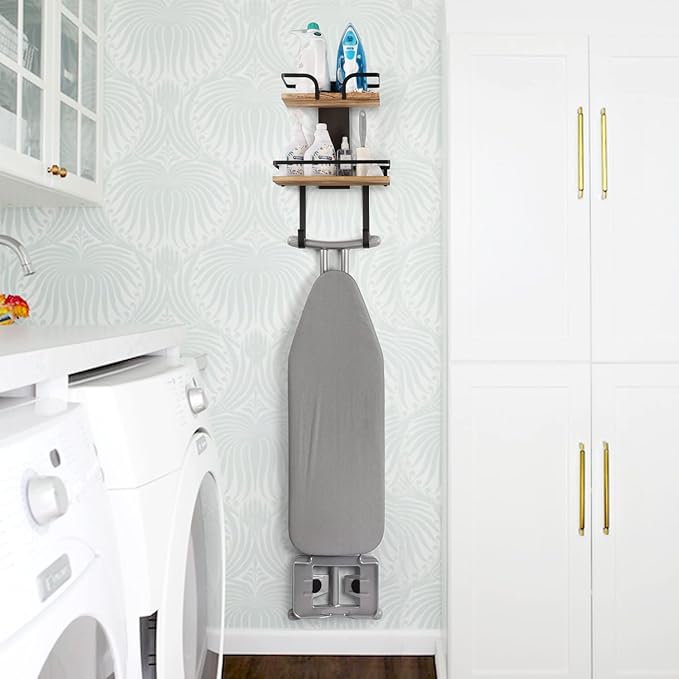 VINAEMO Ironing Board Hanger Wall Mount, 2-Layer Iron and Ironing Board Holder, Laundry Room Shelves Solid Wood with Removable Hooks Home Organization and Storage