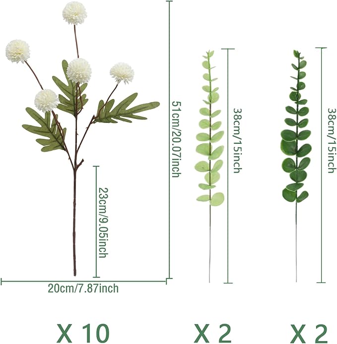 Faux White Kiku Flower, 10 Stems with 5 Heads Each & 4 Branches Eucalyptus Stems, Artificial Small Mini Chrysanthemum Flowers for Aesthetic Room Decor, Floral Arrangements Centerpiece