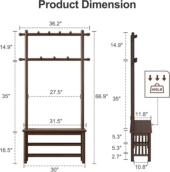 Hall Tree, Coat Rack with Shoe Storage, Wooden Hall Tree with Bench, 11 Hooks and 2-Tier Storage Shelves, Entryway Bench with Coat Rack (31.5" - Deep Walnut)