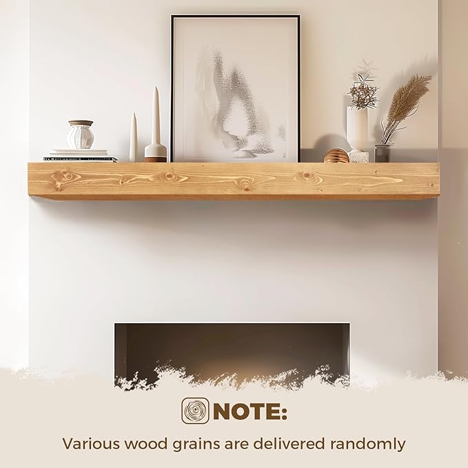 60x8x5 Fireplace Mantel - Handcrafted Rustic Solid Wood Wall Mounted Floating Shelf with Invisible Heavy Duty Wood Bracket (Natural)