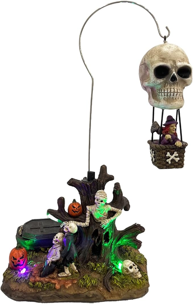 Animated Skull Balloon Ride Halloween Figurine | Spooky Town Collection Accessories with Multi-Color LED, Motion and Sound | 14.13 Inch