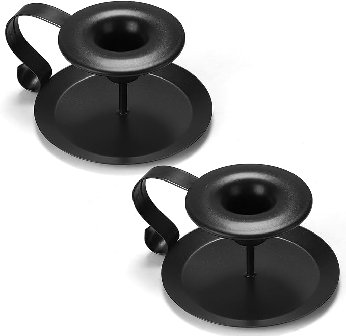 Black Metal Taper Candle Holders Set of 2, Vintage Chamberstick Candle Holder with Handle for Taper Candles, Farmhouse Rustic Candle Holders for Table Decor, Halloween Christmas Decoration