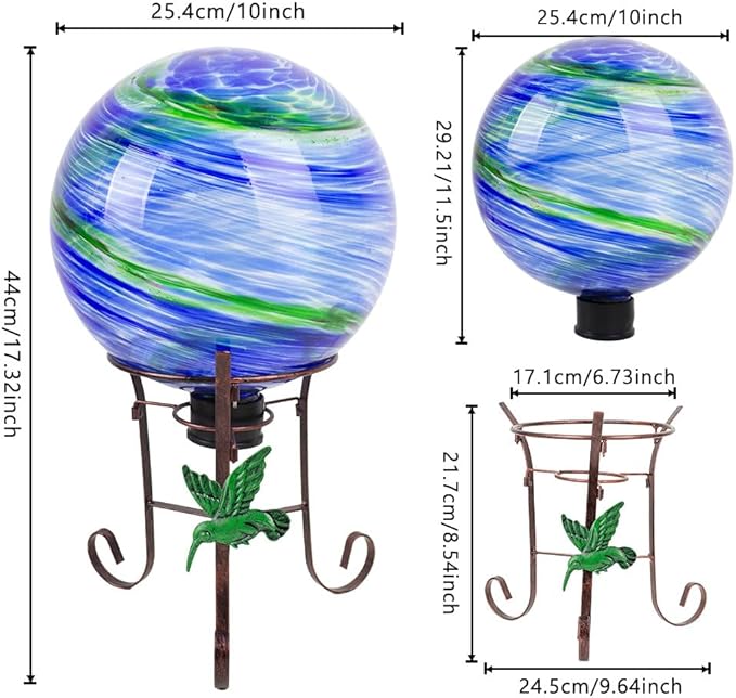 10" Diameter Gazing Ball with 8.5" Hummingbird Metal Stand Outdoor Garden Decor,Glass Globe Sphere Yard Art Decorations Outdoor,Glass Gazing Balls for Garden,Home,Lawn,Patio,Porch(Blue)