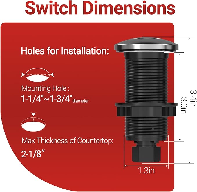 APIELE Garbage Disposal Air Switch Kit, Sink Top Push Button Switch for Food Waste Disposer, UL Listed 3.6" Long On/Off Air Button (Stainless Steel)