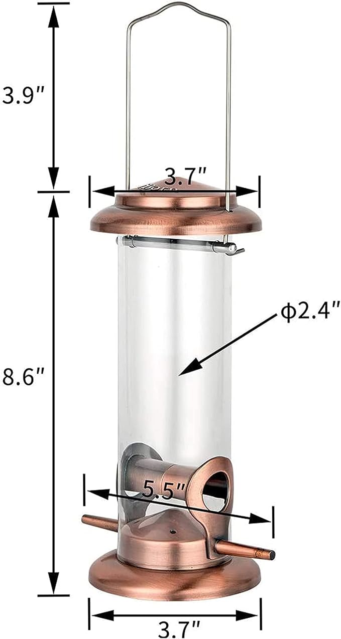 iBorn Metal Bird Feeder Hanging Wild Bird Feeders for Mix Seed Blends Heavy Duty All Metal Finishing, Copper Finish, 8 Inch 2 Port (Seed is not Included)