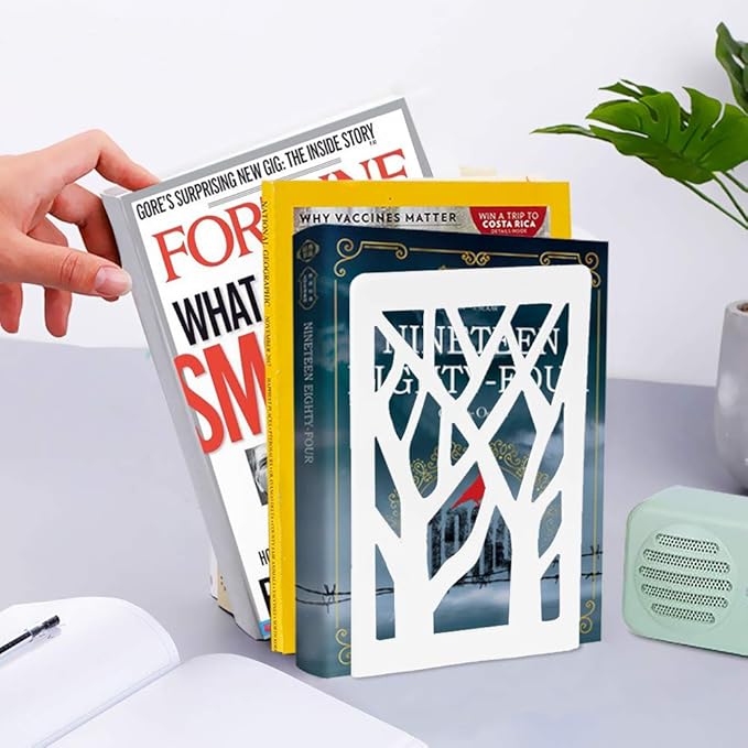 Book Ends, Bookends, Bookends for Shelves, Bookend, Book Ends for Heavy Books, White Metal Book Shelf Holder Home Decorative, Book Stoppers for Shelves, Bookend Supports 4 Pair