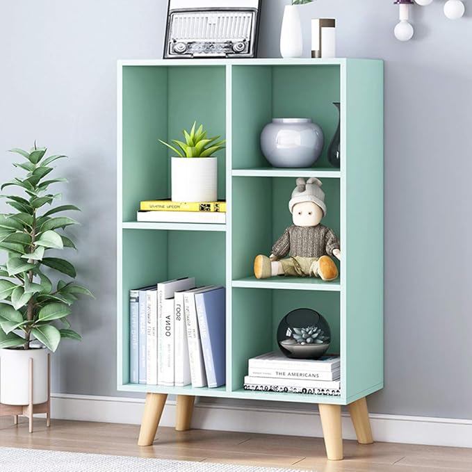 IOTXY Wooden Open Shelf Bookcase - 3-Tier Floorstanding Display Cabinet Rack with Legs, 5 Cubes Free Standing Bookshelf, Tiffany-Green