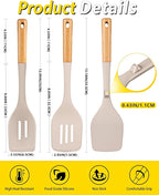 Pack of 4 Silicone Kitchen Utensils Set, Non Stick Solid Spatulas and Heat Resistant Slotted Spoons with Wooden Handle, Ideal BPA Free Cooking Utensils for Mixing,Serving,Turning,Stirring(KHAKI)