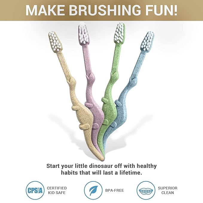 ROARex Vegan Eco Friendly Kids Toothbrush Natural Dinosaurs Made from Plants | 100% Biodegradable and Compostable | 1% for The Planet Product