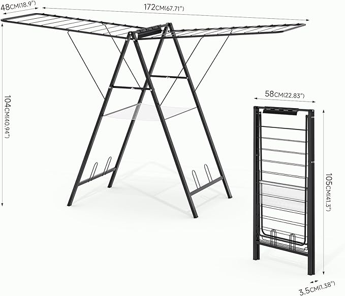APEXCHASER Foldable Clothes Drying Rack, Metal Laundry Drying Rack Collapsible, Ultra Thin Clothes Rack for Sweater Bra Towel for Indoor & Outdoor Use, Height Adjustable Gullwing Clothes Airer, Black