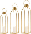 HPC DECOR Modern Farmhouse Lantern Decor- 22''19''16''Tall Large Gold Metal Candle Lanterns for Home Decor-Lanterns Decorative w/Timer Flickering Candles for Living Room,Outdoor,Fireplace Mantle Decor