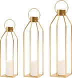 HPC DECOR Modern Farmhouse Lantern Decor- 22''19''16''Tall Large Gold Metal Candle Lanterns for Home Decor-Lanterns Decorative w/Timer Flickering Candles for Living Room,Outdoor,Fireplace Mantle Decor