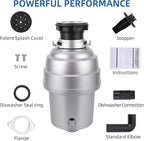 Powerful 1HP Stainless Steel Garbage Disposer, Dishwasher-Friendly and Continuous Feeding Waste Disposer, Grinding Material Four-Stage Grinding, Silver