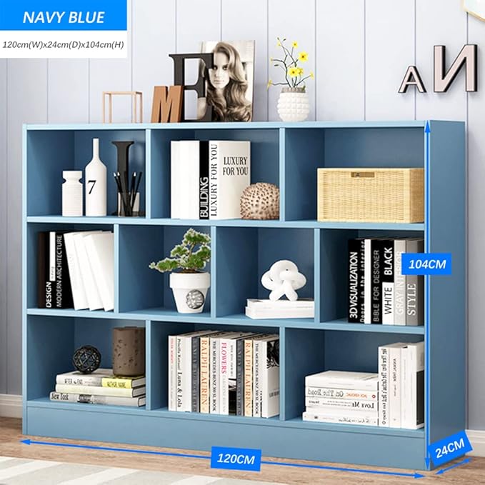 IOTXY Open Shelf Low Bookcase - Wooden 3-Tier Floor Standing Display Cabinet Organizer with Base, 10 Cubes Short Horizontal Bookshelf in Bright Blue