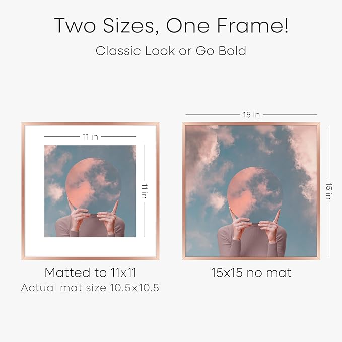 Homeforia 15x15 Picture Frame Rose Gold, High End Metal 15 x 15 Square Poster Frame with Mat 11 x 11 Photo, 15x15 Frame Matted to 11x11 Print, 15by15 Hanging Frames, Tempered Glass, Wall Kit, Set of 1