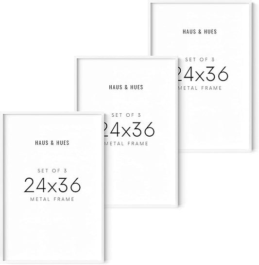 HAUS AND HUES 24x36 White Metal Picture Frames - Features Premium Aluminum, Vertical & Horizontal Hang, Shatterproof Plexiglass - Perfect for Home, Room, Office (24x36 in, White, Set of 3)