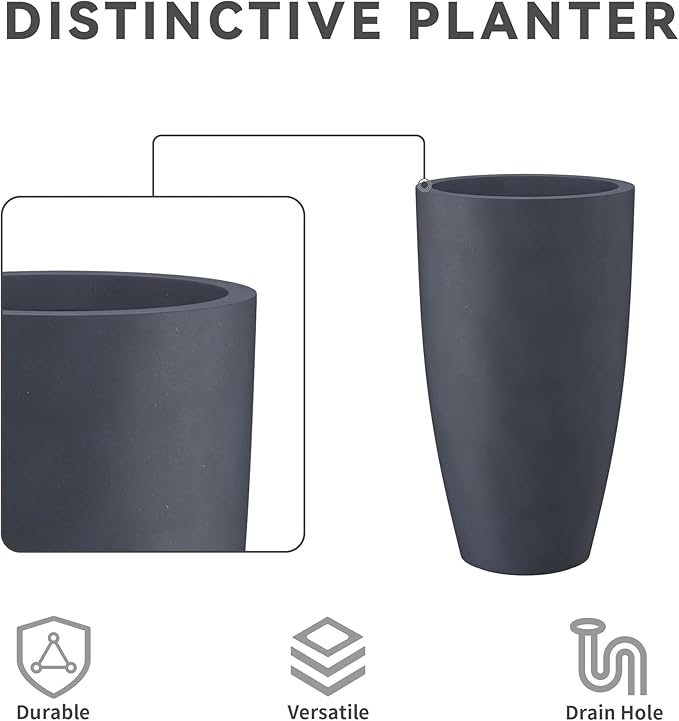 Kante 23.6" H Charcoal Finish Concrete Tall Planters Large Outdoor Indoor Decorative Plant Pots with Drainage Hole and Rubber Plug, Modern Tapered Style for Home and Garden