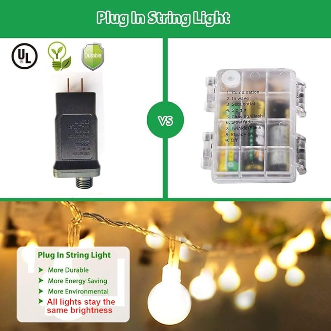 Globe String Lights for Bedroom, 49 Feet 100 LED Fairy Lights Plug in, 8 Modes Warm White Christmas String Lights for Indoor Outdoor Patio Party Garden Wedding Christmas Tree Decor