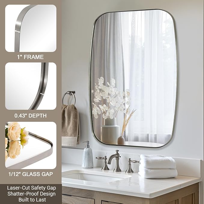 ANDY STAR Brushed Nickel Oblong Mirror, 36x40 Inch Brushed Nickel Oval Mirror for Bathroom with Stainless Steel Metal Frame, Wall Mouned for Bathroom, Living Room, Entryway