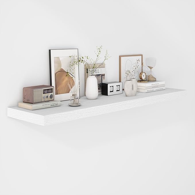 Fun Memories Floating Shelves - 12 Inch Rustic Wooden Wall Shelves - Extra Deeper & Thicker Wall Mounted Storage Shelf for Living Room, Kitchen, Farmhouse - 48" W x 12" D x 1.8" H - White