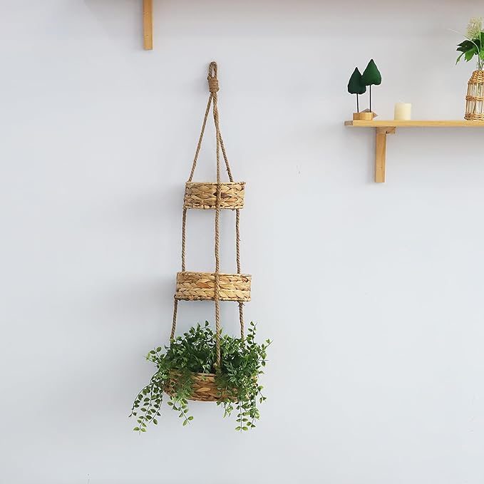 KINGWILLOW 3 Tier Hanging Fruit Basket, Handmade Natural Water Hyacinth Wall Vegetable Storage Baskets, Space Saver for Kitchen Organizing Plant Holder