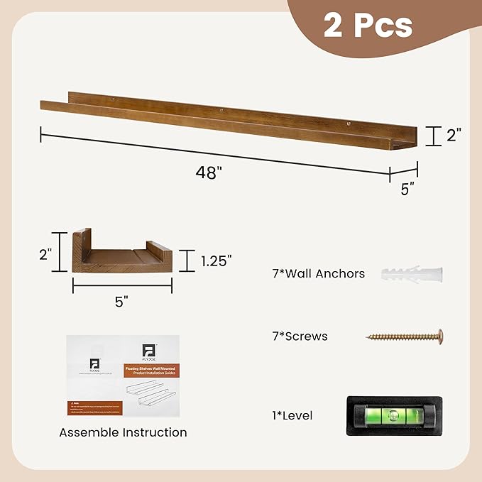 Picture Ledge Wall Shelves 48 inch Width Set of 2, Solid Pine Wood Rustic Floating Ledge Shelves for Wall for Kids' Room Bedroom Kitchen Bathroom Living Room Nursery Display Wall Decor, Walnut