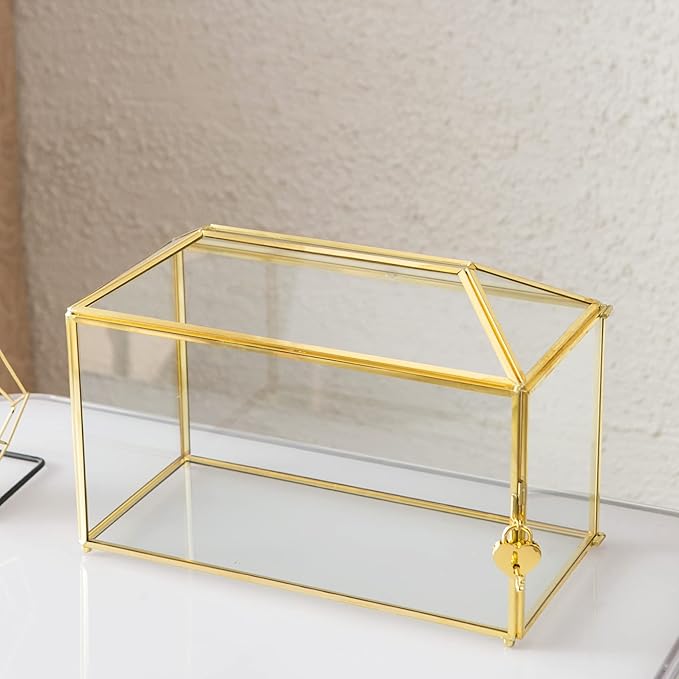 Glass Wedding Card Box with Slot, 12.6 inch Large Clear Card Box Gold Brass Gift Card Storage Box with Lock for Wedding Receptions, Baby Shower, Birthday Party, Bridal Shower