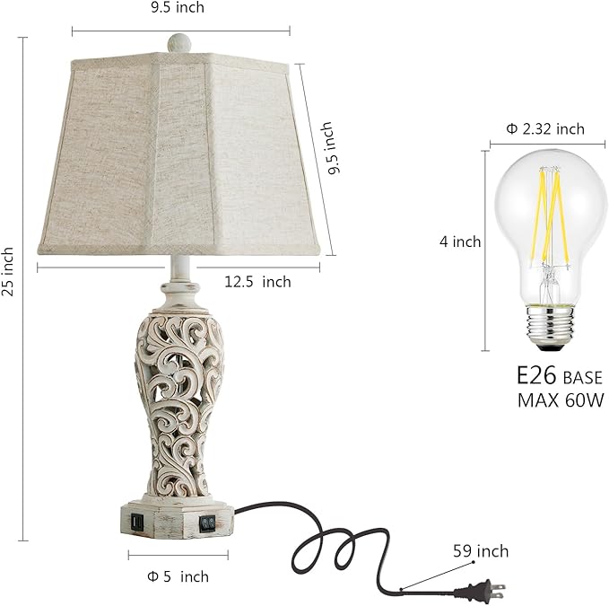 25'' Farmhouse Table Lamp for Living Room Bedroom, 2 USB Ports Vintage Rustic Nightstand Desk Lamp with Nightlight, White Hollow Out Resin Lamp for End Table (Bulb Included)