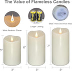Flickering Flameless Candles with 3D Moving Flame Set of 3(H 5" 6" 7" x D 3"), Last 1000+ Hours Battery Operated Candles with Remote Timer, Ivory Real Wax Electric LED Pillar Candles