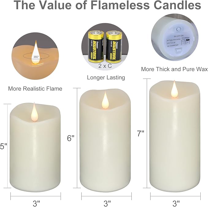 Flickering Flameless Candles with 3D Moving Flame Set of 3(H 5" 6" 7" x D 3"), Last 1000+ Hours Battery Operated Candles with Remote Timer, Ivory Real Wax Electric LED Pillar Candles
