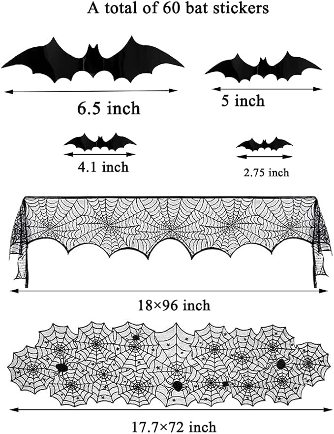 Hommtina 4 Pack Halloween Decorations Tablecloth Runner Black Lace Round Spider Cobweb Table Cover Fireplace Mantel Scarf Spiderweb with 60 Pcs 3D PVC Scary Black Bat Sticker Halloween Party Supplies