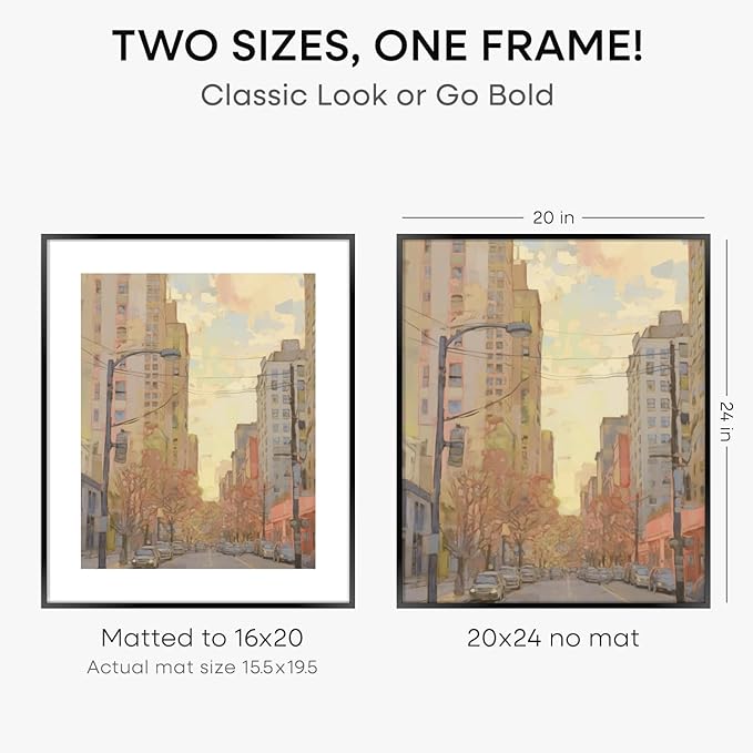 Homeforia 20x24 Picture Frame Black, High End Metal 20x24 Frame Matted to 16x20 Print, 20 x 24 Black Poster Frames with Mat 16 by 20 inch Photo, 24x20 Hanging Frame, Tempered Glass, Wall Kit, Set of 1