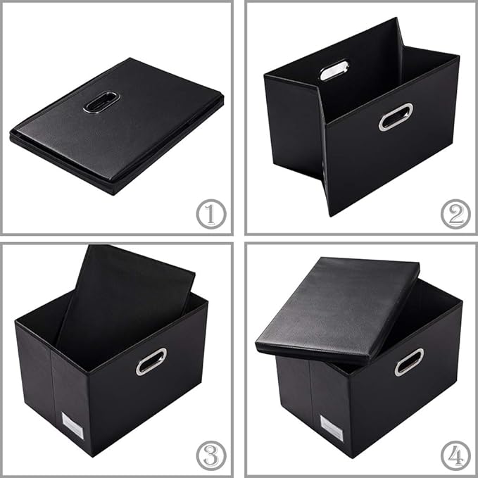 PRANDOM Large Collapsible Storage Bin with Lid [1-Pack] Leather Fabric Foldable Storage Box Organizer Containes Basket Cube with Cover for Home Bedroom Closet Office Nursery Black (17.7x11.8x11.8)