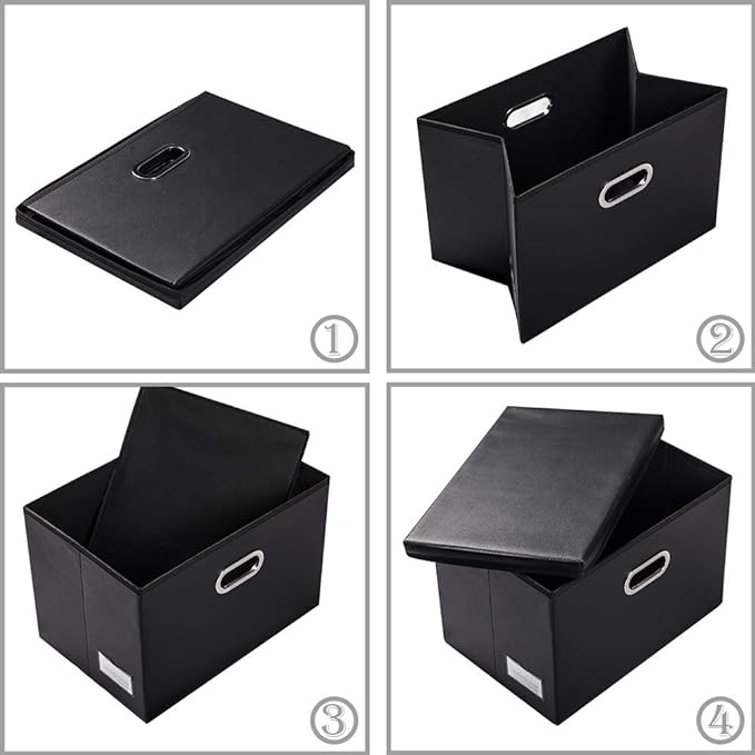 PRANDOM Large Foldable Storage Bins with Lids [3-Pack] Leather Fabric Collapsible Storage Boxes Organizer Containers Baskets Cube with Cover for Home Bedroom Closet Office Black(17.7x11.8x11.8)