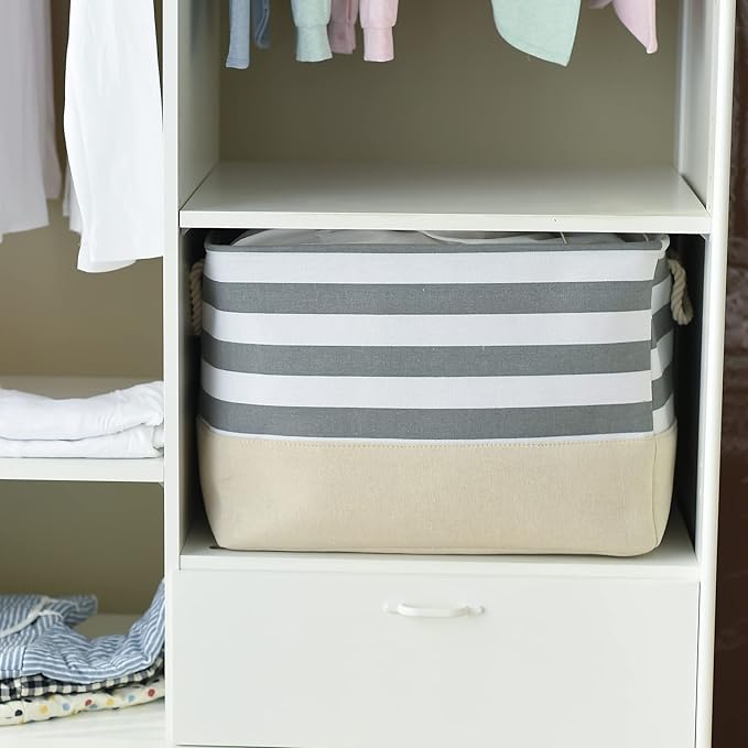TheWarmHome Jumbo Storage Bins Baskets, Sturdy Fabric Organizing Basket W/Handles, Decorative Foldable Storage Baskets for Shelves Closet Nursery Toy (Grey&White Stripes 3 Pack, 20.5Lx15.7Wx13.8H in)