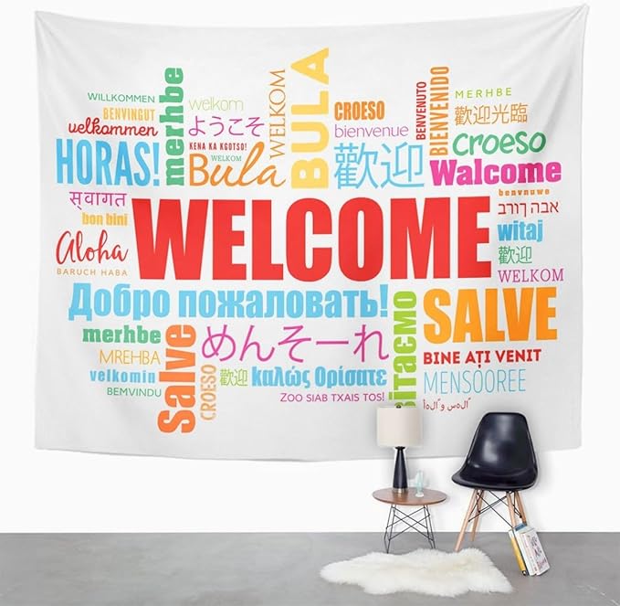 TOMPOP Tapestry World Welcome Word Cloud in Different Languages Conceptual Multilingual Home Decor Wall Hanging for Living Room Bedroom Dorm 60x80 Inches