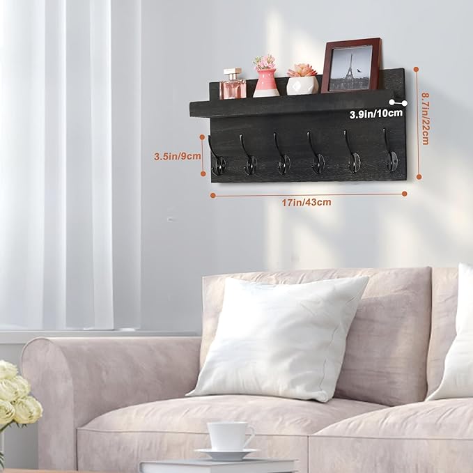 Shelf with Hooks, Coat Rack Wall Mount with 6 Double Metal Hooks, 17 Inch Farmhouse Wall Hooks with Shelf, for Entryway, Bathroom, Kitchen, Black