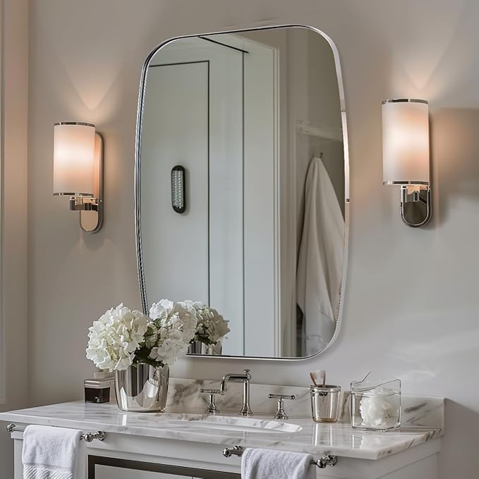 ANDY STAR Polished Chrome Mirror, 24x32 Oblong Bathroom Mirror for Vanity with Stainless Steel Metal Frame, Silver Oval Mirror Modern Anti Rust Wall Mounted