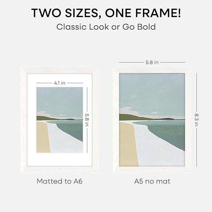 Homeforia A5 Picture Frame White Wood, High-End Oak 5.8x8.3 Frame Matted to 4.1x5.8 inch Photo, A5 Size Walnut Wooden Frames with Mat A6 for Print, 5.8 by 8.3 Frame, Tempered Glass, Wall Kit, Set of 1
