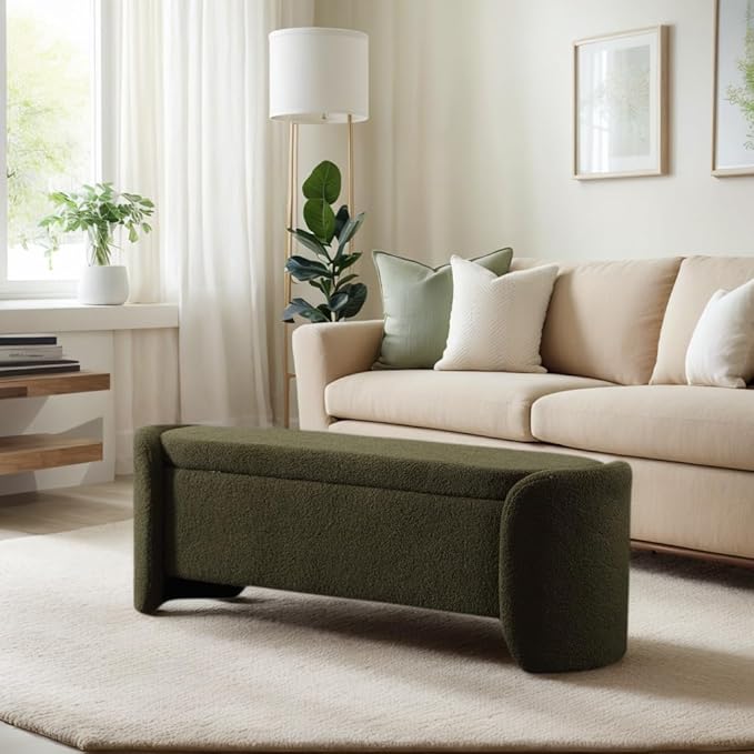 ROCTY Green Boucle Storage Bench - 50" Sherpa End of Bed Ottoman with Seating and Storage for Bedroom, Entryway, Living Room, Vanity or Makeup Room - Teddy Fabric