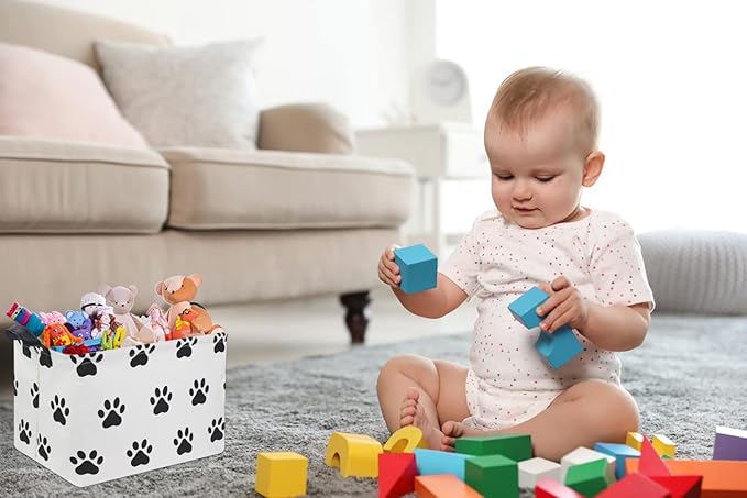 HIYAGON Dog toy Basket Dog Toy Bin Cute Toy Storage Basket Organizer Box Kids Gift Basket Empty Rectangular Room Decor for Home(Paw)