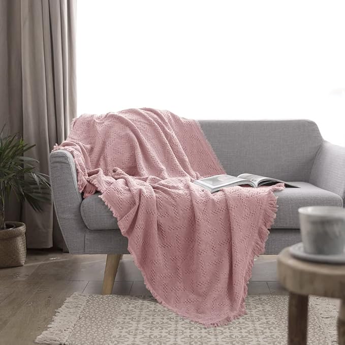 Simple&Opulence 100% Cotton Throw Blanket for Bed, Couch, Boho Luxury Geometric Knit Woven Blanket with Tassels Soft Lightweight Cozy Breathable, Vintage Farmhouse Decoration for All-Season(Pink)