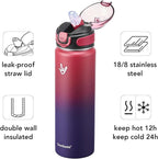 Enerbone 24 oz Insulated Water Bottle, Stainless Steel Bottle with Carrying Strap, Double-Wall Vacuum Insulation Design, Leakproof Sports Bottle with Straw, Keep Drinks Cold or Hot for Hours