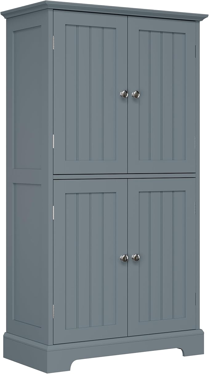 ChooChoo Bathroom Floor Cabinet, Modern Bathroom Storage Cabinet with 4 Doors and Adjustable Shelves, Freestanding Cupboard for Living Room, Grey
