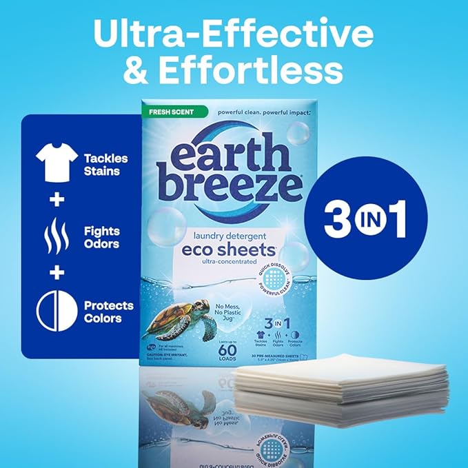 Earth Breeze Laundry Detergent Sheets Fresh Scent - 180 Loads Eco Liquidless Soap - Travel-Friendly for Hot & Cold Cycles, Tackles Tough Stains & Odors - Gentle on Skin, 90 Ct (3 Pack)