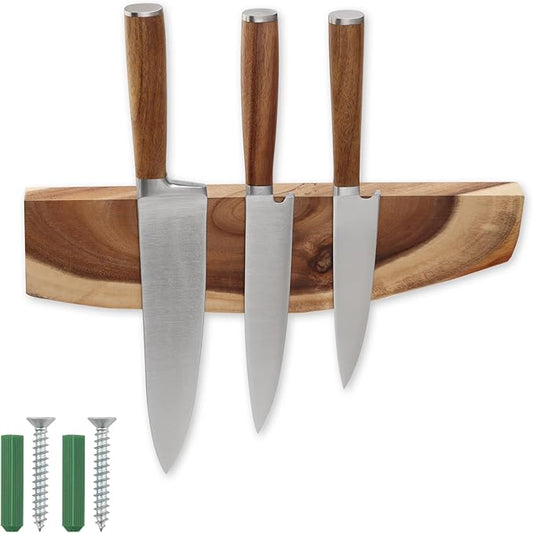 12.5 Inch Magnetic Knife Holder for Wall,Acacia Wood Knife Magnetic Strip,Knife Holder Wood Magnetic,No Drilling Knife Magnetic Strip-Strong Knife Magnet- for Kitchen Knives and Tools