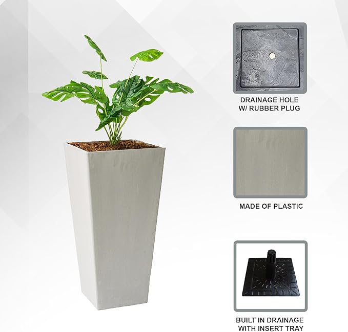 XBrand Modern 28-Inch Square Planter, Modern Tapered Planter Perfect for Indoor & Outdoor, Patio Décor, Set of 2